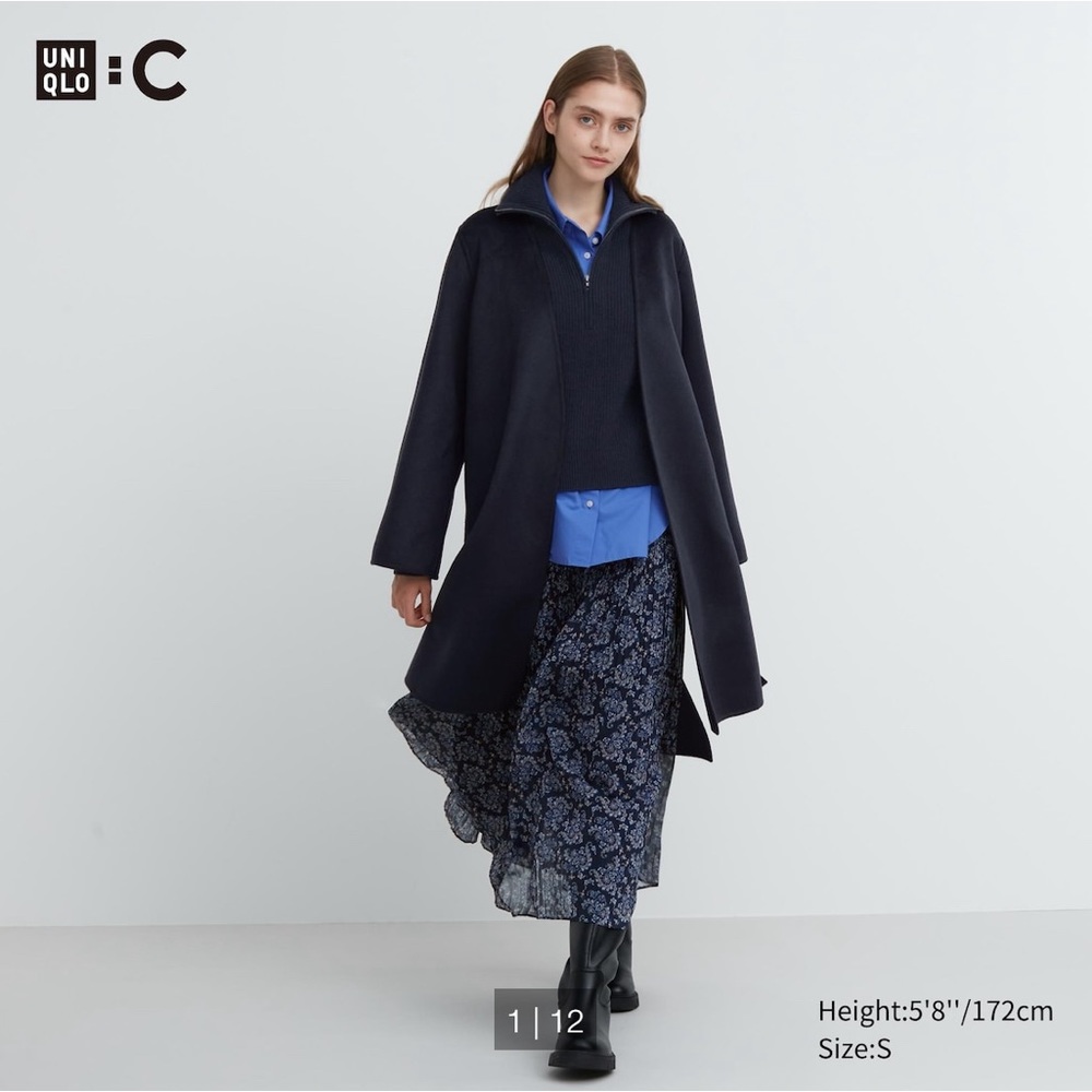 UNIGLO: C  Double Face Wrap Coat -Voluminous Wide & Long Sleeves, Size XS-Navy
